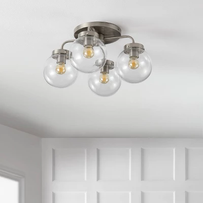 18" 4-Light Piper Farmhouse Rustic Iron/Glass LED Semi Flush Mount Nickel/Clear - JONATHAN Y - Image 8