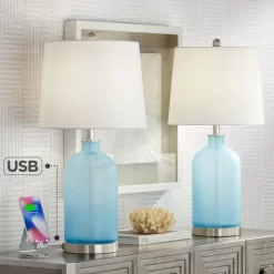 360 Lighting Modern Table Lamps 27 3/4" Tall Set Of 2 With USB Charging Port Blue Glass White Drum Shade For Living Room Bedroom