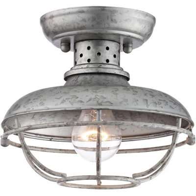 Franklin Iron Works Rustic Farmhouse Semi Flush Mount Outdoor Ceiling Light Fixture Galvanized Cage 8 1/2" White Glass Damp Rated For Exterior Barn - Image 5
