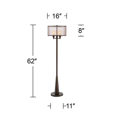 Franklin Iron Works Durango Rustic Farmhouse Floor Lamp 62" Tall Oiled Bronze Metal 3 Light LED Brown Sheer Drum Shade For Living Room Bedroom Office - Image 5