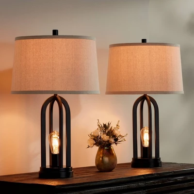 360 Lighting Marcel Industrial Table Lamps 24 1/4" High Set Of 2 Black With LED Nightlight USB Port Natural Shade For Bedroom Living Room House Desk - Image 4