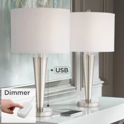 360 Lighting Geoff Modern Table Lamps 26" High Set Of 2 Brushed Nickel With USB Charging Port Table Top Dimmers White Drum Shade For Living Room Desk