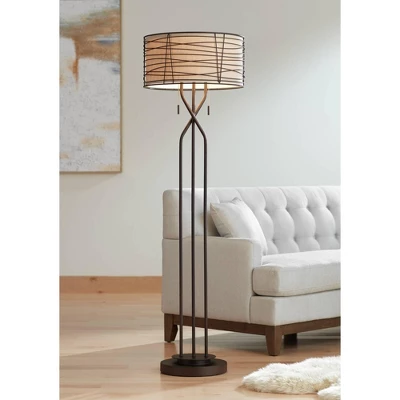 Franklin Iron Works Marlowe Rustic Farmhouse Floor Lamp 60 1/2" Tall Bronze Metal Oster Woven Burlap Fabric Inner Drum Shade For Living Room Bedroom - Image 8
