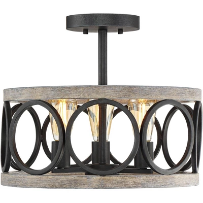 Franklin Iron Works Salima Rustic Farmhouse Ceiling Light Semi Flush Mount 16" Wide Black Gray Wood 3-Light For Bedroom Kitchen Living Room Hallway - Image 6