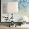 360 Lighting Reiner Modern Accent Table Lamp 23" High Blue Green Glass Nickel With USB And AC Power Outlet In Base Off White Drum Shade For Home Desk