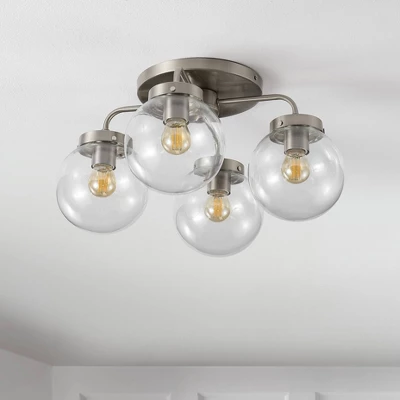 18" 4-Light Piper Farmhouse Rustic Iron/Glass LED Semi Flush Mount Nickel/Clear - JONATHAN Y - Image 4