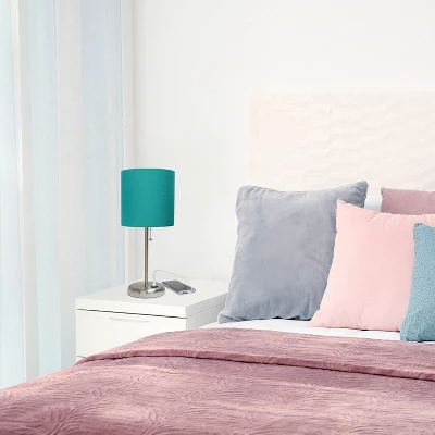 19.5" Bedside USB Port Feature Metal Table Desk Lamp Brushed Steel With Teal Fabric Shade - Creekwood Home - Image 6