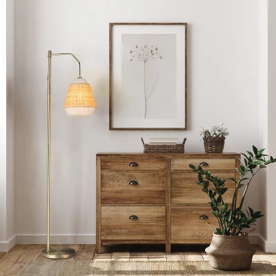 66" Lucia Brass Metal And Rattan Coastal Floor Lamp - River Of Goods - Image 3