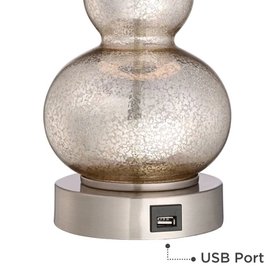 360 Lighting Castine Modern Accent Table Lamps 22" High Set Of 2 Mercury Glass With USB Charging Port Black Faux Silk Shade For Bedroom Bedside Desk - Image 2
