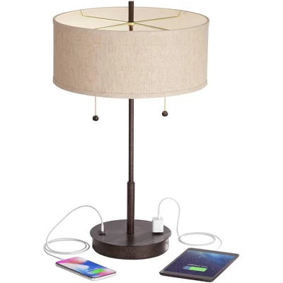 360 Lighting Modern Accent Table Lamp With USB And AC Power Outlet 23 1/2" High Bronze Fabric Drum Shade For Bedroom Living Room House Desk Bedside - Image 2