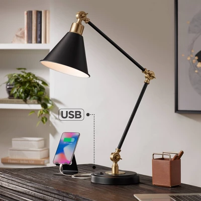 360 Lighting Modern Industrial Desk Table Lamp With USB Charging Port Adjustable 26.75" High Black Antique Brass For Bedroom Bedside Office
