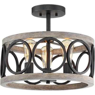 Franklin Iron Works Salima Rustic Farmhouse Ceiling Light Semi Flush Mount 16" Wide Black Gray Wood 3-Light For Bedroom Kitchen Living Room Hallway - Image 4