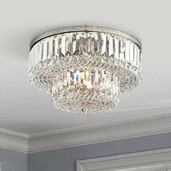 Vienna Full Spectrum Magnificence Modern Ceiling Light Flush Mount Fixture 16" Wide Brushed Satin Nickel Faceted Crystal Glass For Bedroom Living Room