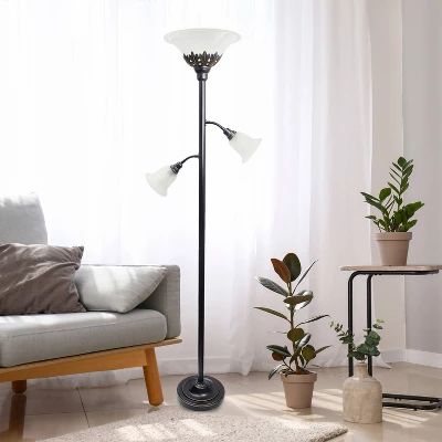 Torchiere Floor Lamp With 2 Reading Lights And Scalloped Glass Shades Restoration Bronze/White - Lalia Home - Image 2