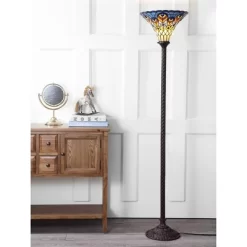 70" Peacock Tiffany Torchiere Floor Lamp (Includes LED Light Bulb) Bronze - JONATHAN Y