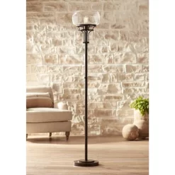 Franklin Iron Works Luz Industrial Torchiere Floor Lamp Standing 72 1/2" Tall Oil Rubbed Bronze Clear Glass For Living Room Bedroom Office House Home