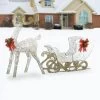 National Tree Company Prelit 48" White & Gold Sisal Reindeer And 24" Sleigh Outdoor Christmas Holiday Yard Decoration With 140 Cool White LED Lights