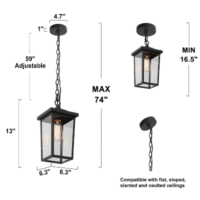 13" Metal/Glass Square Cage Modern Outdoor Pendant Light Black - LNC - Image 8