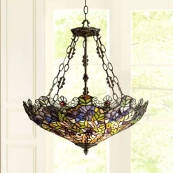 Robert Louis Tiffany Bronze Pendant Chandelier 22" Wide Rustic Floral Garden Stained Glass 3-Light Fixture For Dining Room House Foyer Kitchen Island