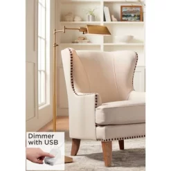 Regency Hill Industrial Adjustable Swing Arm Pharmacy Floor Lamp With USB Charging Port 54" Tall Aged Brass Living Room Reading