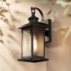 John Timberland Cameron Mission Outdoor Wall Light Fixture Textured Black Motion Sensor Dusk To Dawn 13 3/4" Clear Stripped Glass For Post Exterior