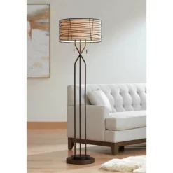Franklin Iron Works Marlowe Rustic Farmhouse Floor Lamp 60 1/2" Tall Bronze Metal Oster Woven Burlap Fabric Inner Drum Shade For Living Room Bedroom