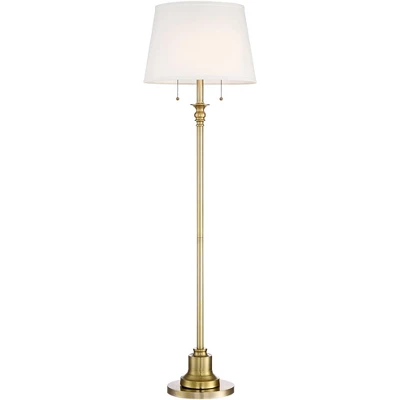 360 Lighting Spenser Vintage Floor Lamp 58" Tall Brushed Antique Brass Metal Off White Linen Drum Shade For Living Room Bedroom Office House Home - Image 7