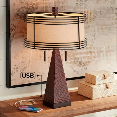 Franklin Iron Works Niklas Industrial Table Lamp 26" High Hammered Bronze With USB Charging Port Double Shade For Bedroom Living Room Bedside Desk