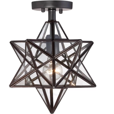 Franklin Iron Works Cuthbert Modern Farmhouse Ceiling Light Semi Flush Mount Fixture 11" Wide Black Iron Moravian Star Clear Glass Panels For Bedroom - Image 2