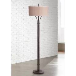 Franklin Iron Works Tristan Modern Floor Lamp 64" Tall Deep Bronze Metal Sheer Outer Linen Inner Double Drum Shade For Living Room Bedroom Office Home