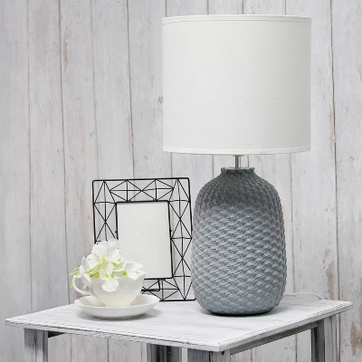 20.4" Traditional Ceramic Purled Texture Bedside Table Desk Lamp With White Fabric Drum Shade Gray - Simple Designs - Image 8