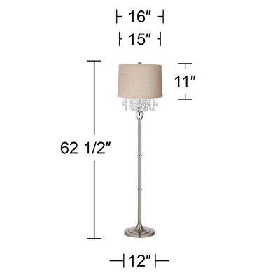 360 Lighting Chandelier Floor Lamp 62.5" Tall Brushed Nickel Chrome Crystals Natural Linen Fabric Drum Shade For Living Room Reading Bedroom - Image 2