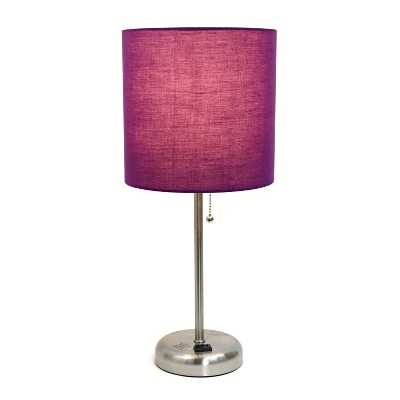 19.5" Bedside Power Outlet Base Metal Table Desk Lamp Brushed Steel With Fabric Shade Purple - Creekwood Home - Image 4