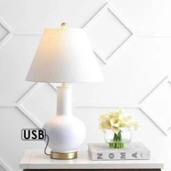 27" Ceramic/Iron Han Contemporary USB Charging Table Lamp (Includes LED Light Bulb) White/Brass - JONATHAN Y