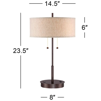 360 Lighting Modern Accent Table Lamp With USB And AC Power Outlet 23 1/2" High Bronze Fabric Drum Shade For Bedroom Living Room House Desk Bedside - Image 8