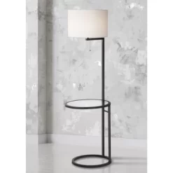 360 Lighting Modern Floor Lamp With Table Glass 62" Tall Black White Fabric Drum Shade For Living Room Reading Bedroom Office