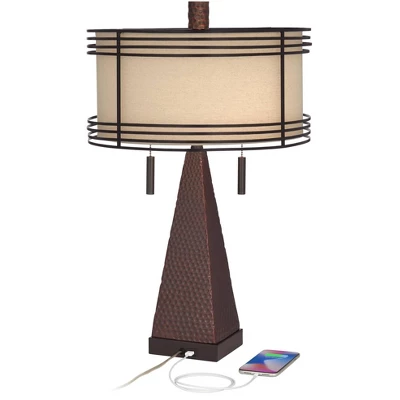Franklin Iron Works Niklas Industrial Table Lamp 26" High Hammered Bronze With USB Charging Port Double Shade For Bedroom Living Room Bedside Desk - Image 2