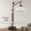Franklin Iron Works Industrial Desk Table Lamp With USB And AC Power Outlet Workstation Charging Base 29" Tall Bronze Cognac Glass Office