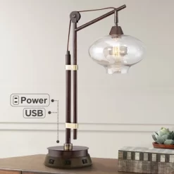 Franklin Iron Works Industrial Desk Table Lamp With USB And AC Power Outlet Workstation Charging Base 29" Tall Bronze Cognac Glass Office