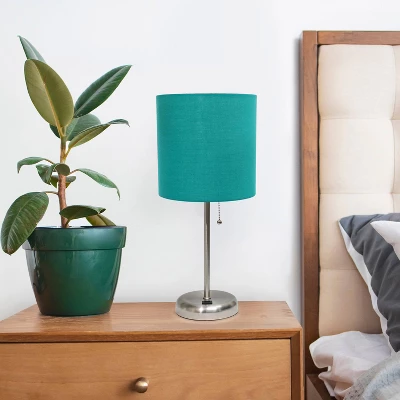 19.5" Bedside USB Port Feature Metal Table Desk Lamp Brushed Steel With Teal Fabric Shade - Creekwood Home - Image 7