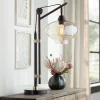 Franklin Iron Works Calyx Modern Industrial Desk Lamp 29" Tall Bronze Brown Cognac Glass Dome Shade For Bedroom Living Room Bedside Nightstand Office