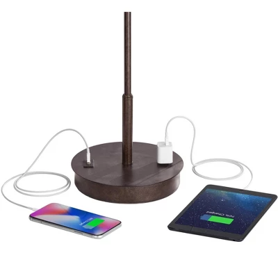 360 Lighting Modern Accent Table Lamp With USB And AC Power Outlet 23 1/2" High Bronze Fabric Drum Shade For Bedroom Living Room House Desk Bedside - Image 3