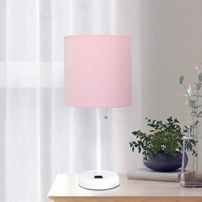 19.5" Bedside Power Outlet Base Metal Table Desk Lamp In White With Light Pink Fabric Shade - Creekwood Home - Image 7