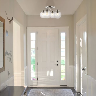 18" 4-Light Piper Farmhouse Rustic Iron/Glass LED Semi Flush Mount Nickel/Clear - JONATHAN Y - Image 3