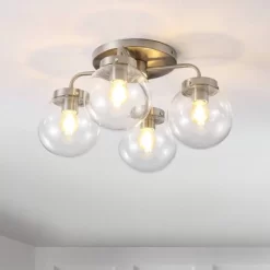 18" 4-Light Piper Farmhouse Rustic Iron/Glass LED Semi Flush Mount Nickel/Clear - JONATHAN Y