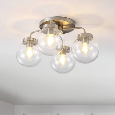 18" 4-Light Piper Farmhouse Rustic Iron/Glass LED Semi Flush Mount Nickel/Clear - JONATHAN Y