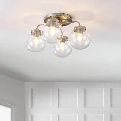 18" 4-Light Piper Farmhouse Rustic Iron/Glass LED Semi Flush Mount Nickel/Clear - JONATHAN Y - Image 10