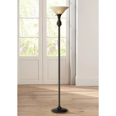 Regency Hill Traditional Torchiere Floor Lamp 70" Tall Hand Applied Black Bronze Swirl Font Amber Glass Shade For Living Room Uplight