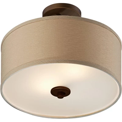 Possini Euro Design Halsted Modern Ceiling Light Semi Flush Mount Fixture 15" Wide Brushed Bronze 2-Light Oatmeal Linen Drum For Bedroom Living Room - Image 5