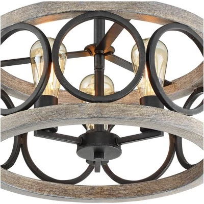 Franklin Iron Works Salima Rustic Farmhouse Ceiling Light Semi Flush Mount 16" Wide Black Gray Wood 3-Light For Bedroom Kitchen Living Room Hallway - Image 2